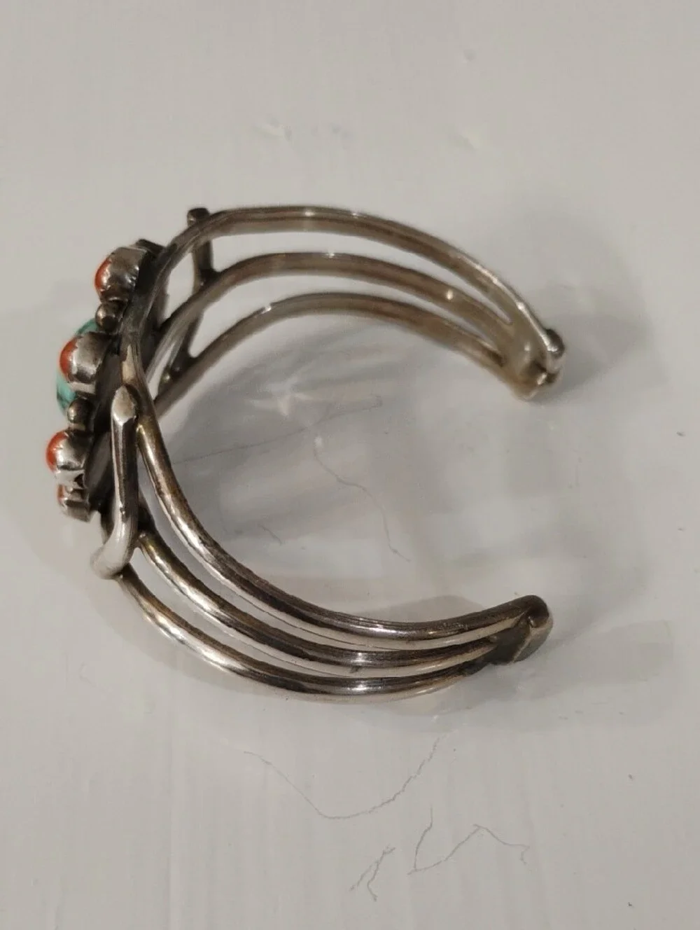 Sterling Silver Turquoise and Coral Cluster Cuff Bracelet